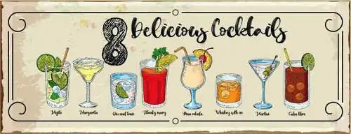 Schild 8 Delicious Cocktails Mojito Gin & Tonic Bar Drinks 27x10 Blech od.Holz