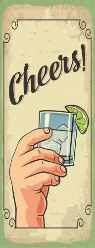 Schild cheers prost alkohol trinken drink spirituose bar 27x10 blech od.holz