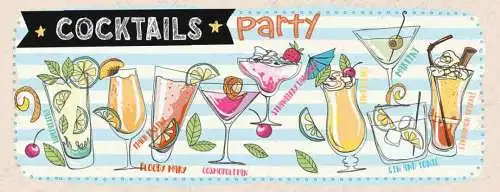 Schild Cocktails Party Bloody Mary Martini Alkohol Drink Bar 27x10 Blech od.Holz