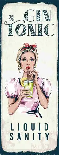 Schild Gin & Tonic Liquid Sanity Alkohol Bar Drink Trinken 27x10 Blech od.Holz