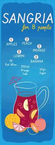 Schild Sangria Rezept Bar Alkohol Drink Rotwein Früchte 27x10 Blech od.Holz