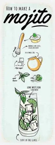 Schild Mojito Cocktail Rezept Bar Alkohol Drink Rum Minze 27x10 Blech od.Holz