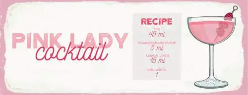Schild Pink Lady Cocktail Rezept Bar Alkohol Drink Gin Wermut 27x10Blech od.Holz