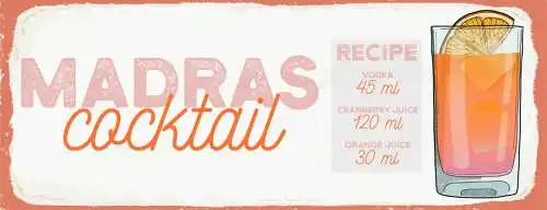 Schild Madras Cocktail Rezept Bar Alkohol Drink Wodka 27x10 Blech od.Holz