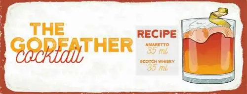 Schild Godfather Cocktail Rezept Bar Alkohol Whisky Amaretto 27x10 Blech od.Holz