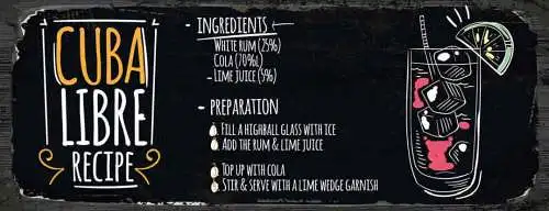 Schild Cuba Libre Cocktail Rezept Bar Alkohol Drink Rum Cola 27x10 Blech od.Holz