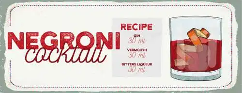 Schild Negroni Cocktail Rezept Bar Alkohol Drink Gin Wermut 27x10 Blech od.Holz