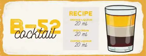Schild B-52 Cocktail Rezept Bar Alkohol Drink Likör Baileys 27x10 Blech od.Holz