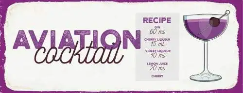 Schild Aviation Cocktail Rezept Bar Alkohol Drink Gin Likör 27x10 Blech od.Holz