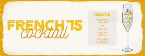 Schild French 75 Cocktail Rezept Bar Alkohol Drink Champagner 27x10Blech od.Holz