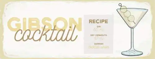 Schild Gibson Cocktail Rezept Bar Alkohol Drink Gin Wermut 27x10 Blech od.Holz