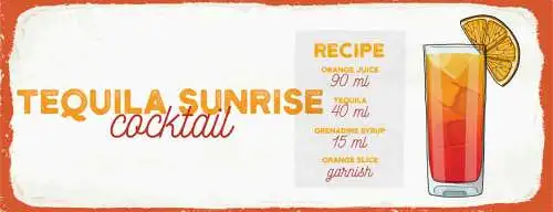 Schild Tequila Sunrise Cocktail Rezept Bar Alkohol Drink 27x10 Blech od.Holz
