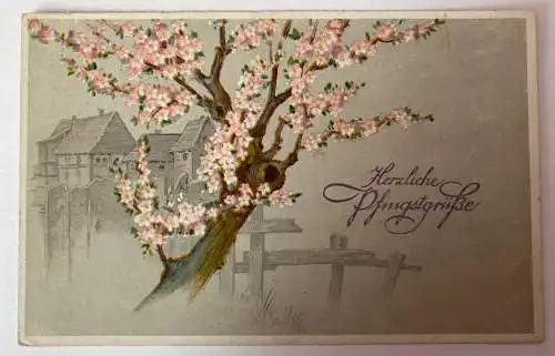 Grußkarte, "Herzliche Pfingstgrüße", Baum, Zaun 410023 AH