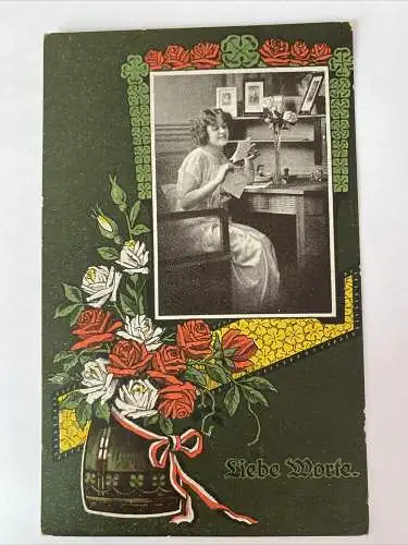 Postkarte "Liebe Worte",  Frau, Blumenvase, 410014 AH