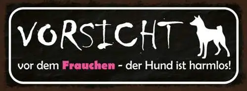 Schild vorsicht vor dem frauchen der hund ist harmlos 27x10 blech od.holz