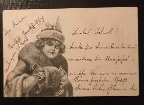 Frau Mit Hut Winter Schneeflocken Künstlerkarte  Gr E 410467