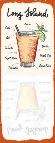 Schild Long Island Rezept Tequila Cola Alkohol Drinks Bar 27x10 Blech od.Holz