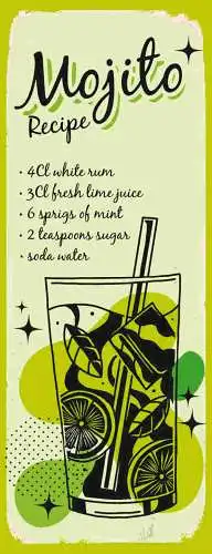 Schild Mojito Cocktail Rezept Bar Alkohol Drink Rum Minze 27x10 Blech od.Holz
