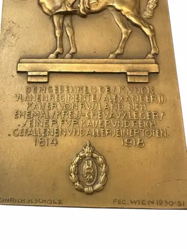 Bronze Plakette Ulanen Regiment Alexander II Österr.-Ungarn Heinrich K. Scholz