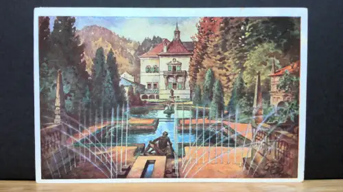 Salzburg Hellbrunn Wasserkünste am Fürstentisch mit Schloß Gemälde JW 650108 C