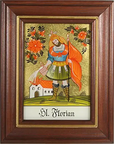 Hinterglasbild Hl. Florian Holzrahmen Legende des Heiligen ca. B 12,5 x H 16 cm