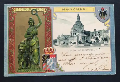 München Neues Nationalmuseum Prägekarte Statue Bayern Deutschland 400857 TH A