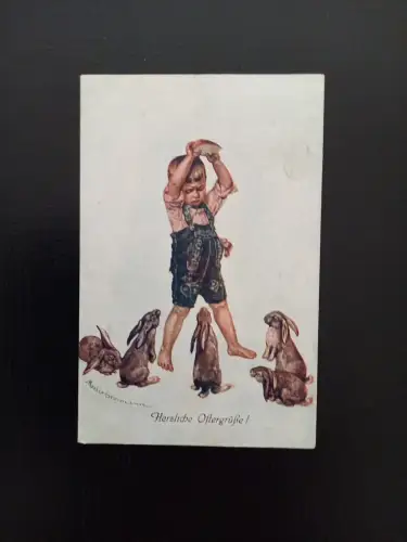 Herzliche Ostergrüße Bub Mit 5 Osterhasen Gr