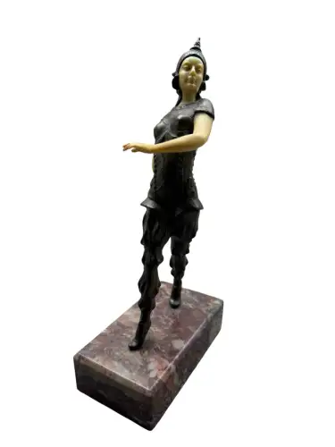Art Déco Figur Thai Tänzerin Bronze Elfenbein Stil Marmor Skulptur 1930  21 cm