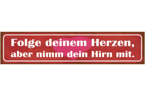 Schild Folge Deinem Herzen Aber Nimm Dein Hirn Mit Liebe 46 x 10 Blech od. Holz