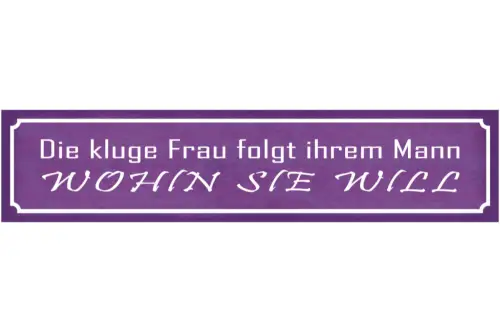 Schild Kluge Frau Mann Folgt Wohin Eigener Willen Wunsch 46 x 10 Blech od. Holz