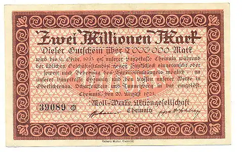 Chemnitz Moll-Werke AG 2 Millionen Mark 1923 Notgeld