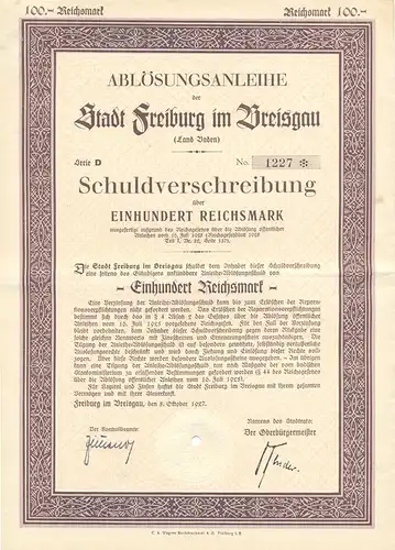 Stadt Freiburg Schuldverschreibung 1927