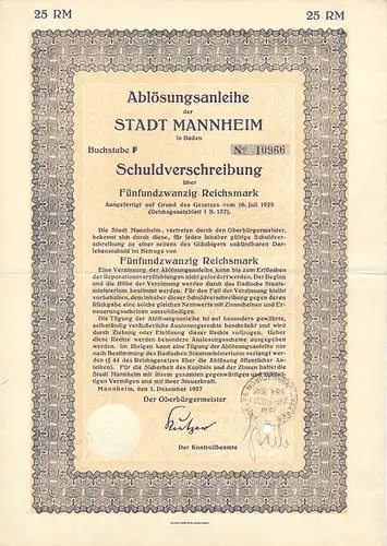 Mannheim Baden Schuldverschreibung 25 RM  1927