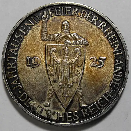 Weimarer Republik 5 Reichsmark 1925 A Rheinlande, feine Patina, 1 kl. Rdf, vz-st