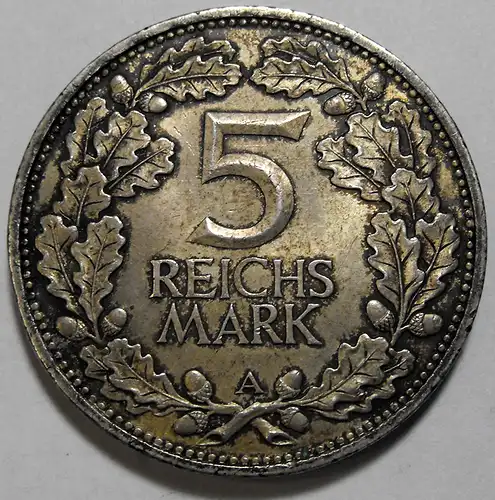 Weimarer Republik 5 Reichsmark 1925 A Rheinlande, feine Patina, 1 kl. Rdf, vz-st