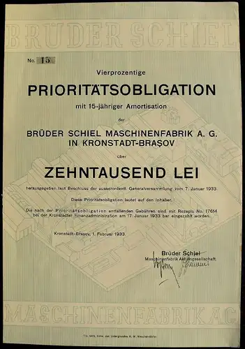 Rumänien Brüder Schiel Maschinenfabrik AG Obligation 1933 Siebenbürgen