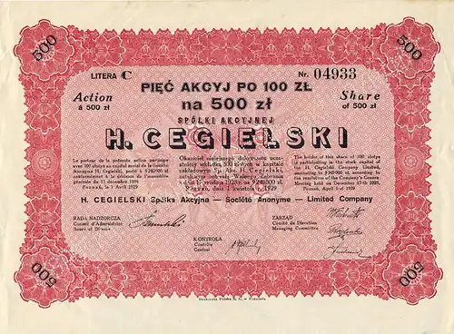 Polen Polska Poland H. Cegielski Aktie 500 Zloty 1929 Poznan