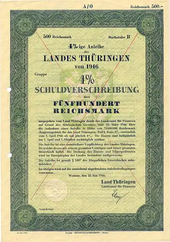 SBZ Land Thüringen Schuldverschreibung 500 RM 1946  Teilblankette