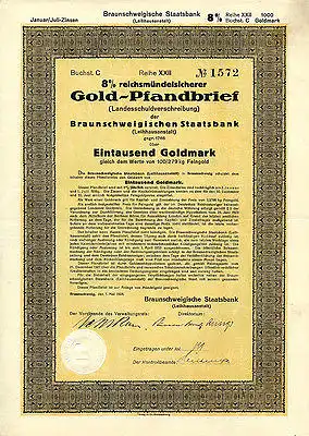 Braunschweigische Staatsbank Gold-Pfandbrief 1000 Goldmark 1.5.1928