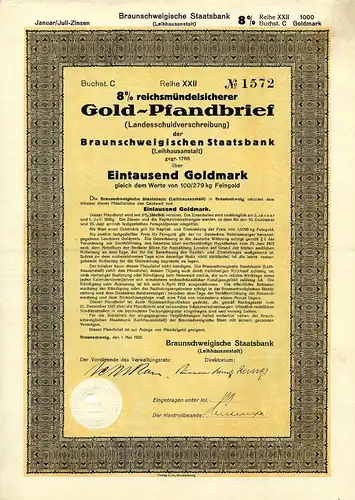 Braunschweigische Staatsbank Gold-Pfandbrief 1000 Goldmark 1.5.1928