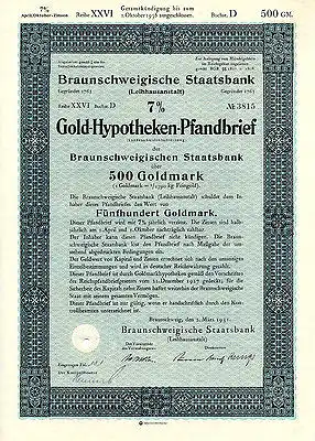 Braunschweigische Staatsbank Gold-Pfandbrief  500 Goldmark 2.03.1931