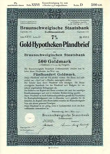 Braunschweigische Staatsbank Gold-Pfandbrief  500 Goldmark 2.03.1931