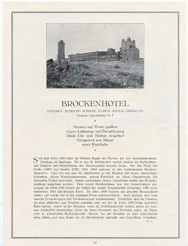 Schierke Harz, Brockenhotel Inh. Rudolph Schade alte Werbung 1926 Brocken RAR