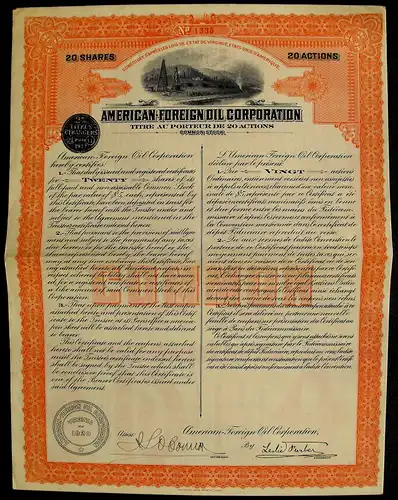 USA American Foreign Oil Corporation alte Aktie 1920 Öl dekorativ