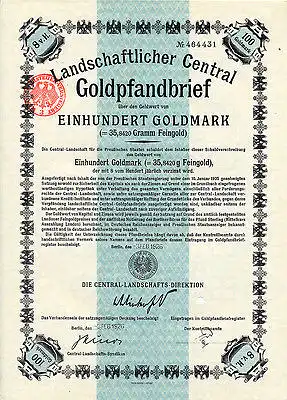 Berlin Central-Landschafts-Direktion Goldpfandbrief 100 Goldmark 1926