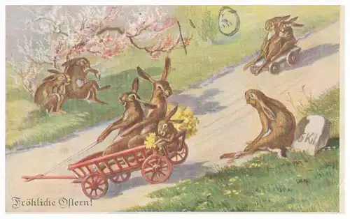 Postkarte Fröhliche Ostern, Bollerwagen-Rennen