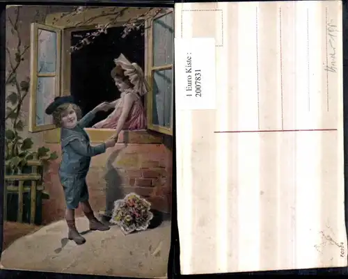 Künstler AK Junge Bub m. Matrosenanzug Mädchen Händchen haltend Fenster