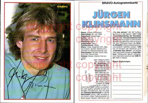 Sportler Jürgen Klinsmann Bravo-Autogrammkarte Fußball
