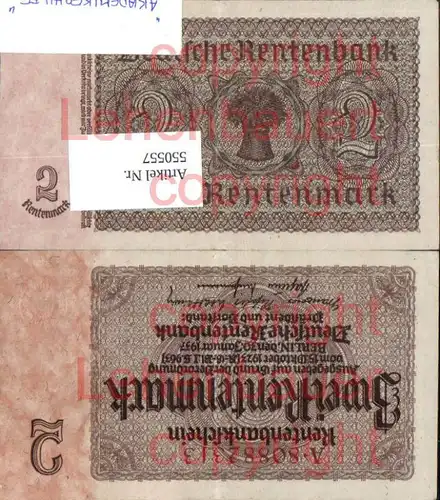 Zwei Rentenmark Deutsche Rentenbank 1937 Geld Geldschein