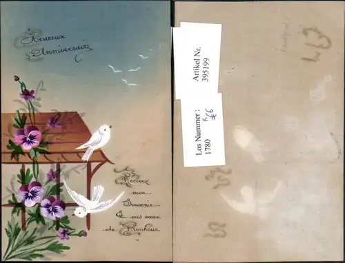Künstler AK Handgemalt Tauben Vögel Blumen Stiefmütterchen